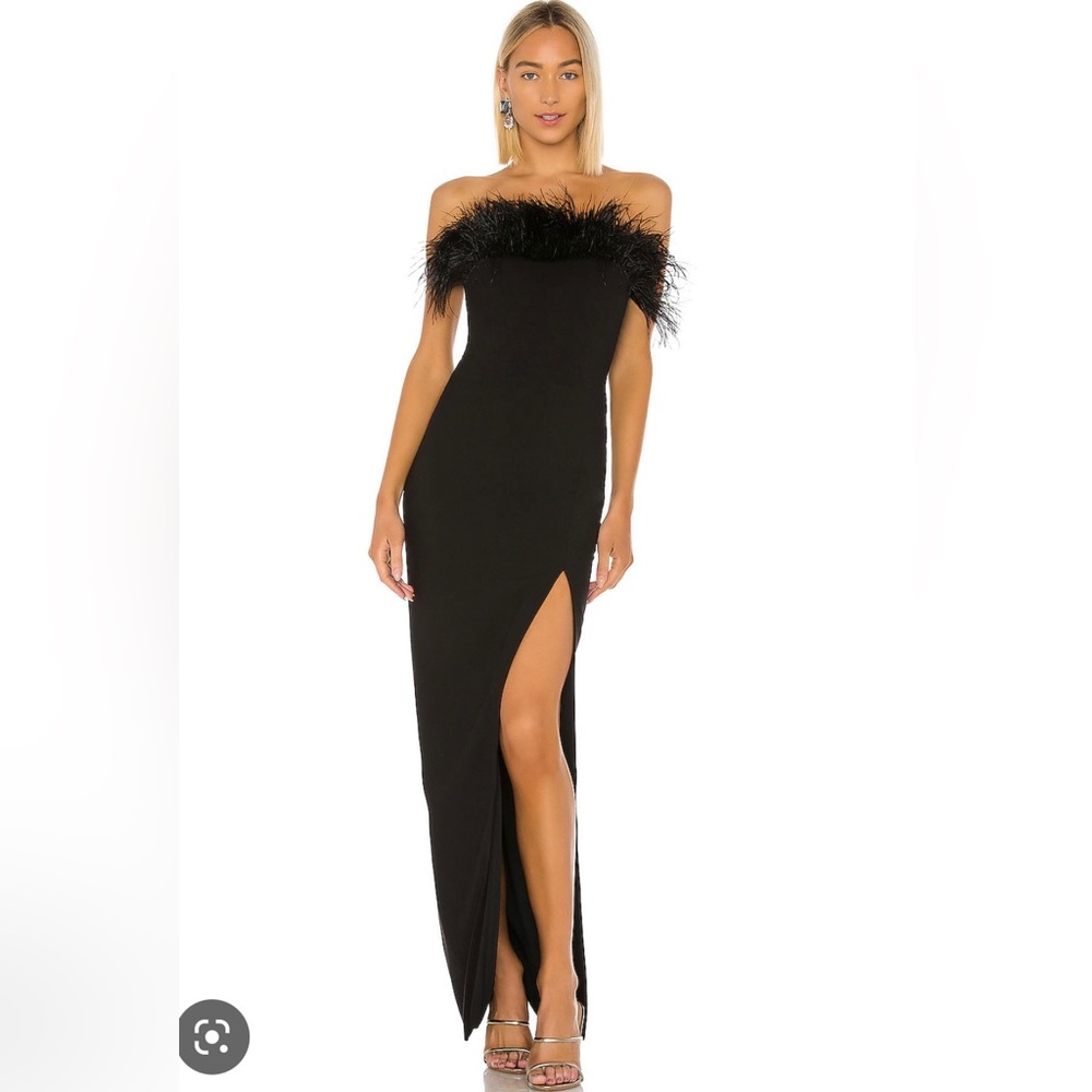 Likely Womens black strapless side slit feather evening gown